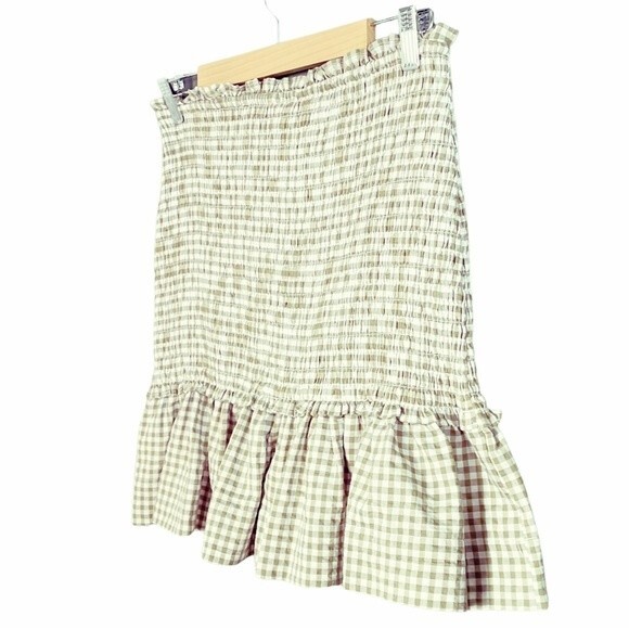NWT Veronica Beard Aloya Smocked Gingham Mini Skirt Olive & White Size Large NEW - Picture 9 of 16